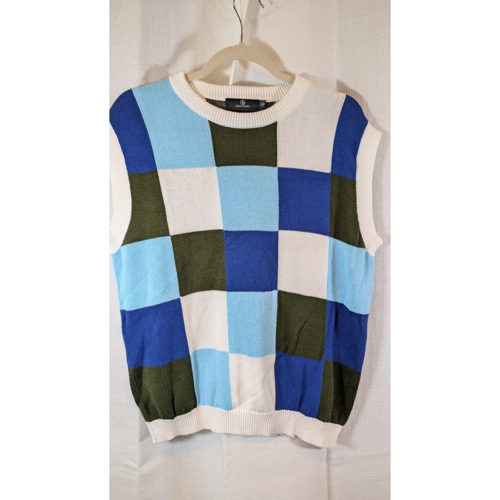 LILLUSORY Checkerboard Knit Sweater Vest Blue Green White Colorblock Top XL